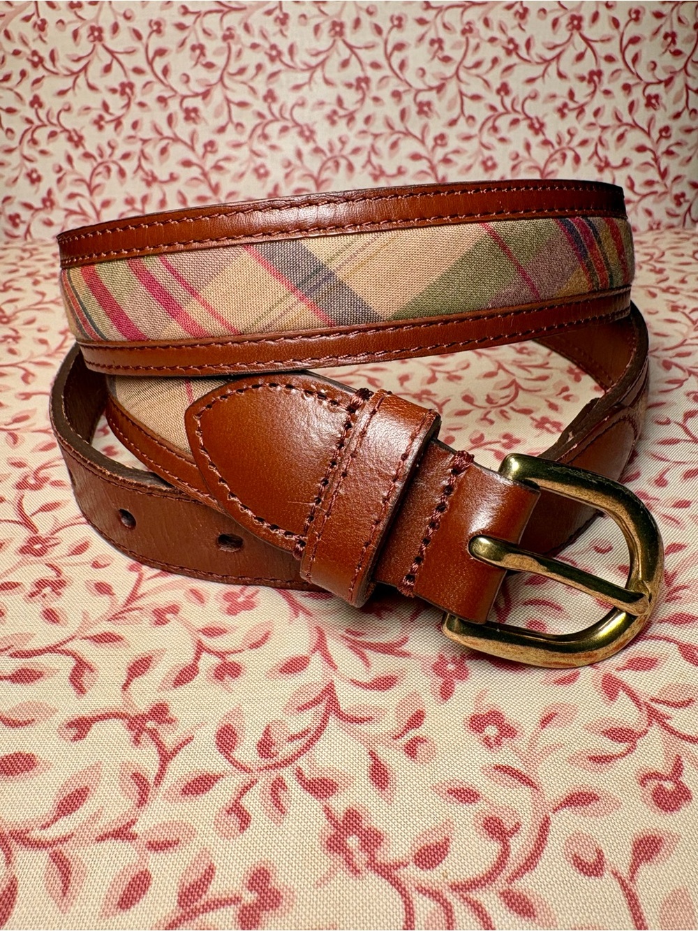 J. Crew Muted Plaid Inlay Brown Leather Belt